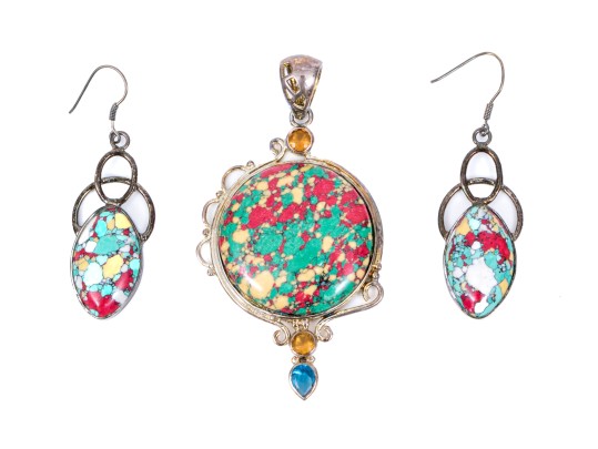 Sterling Silver Striking Multi Color Glass And Composite Pendant And Matching Earrings