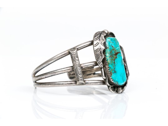Sterling Silver And Feather Edged Turquoise Southwestern Style Cuff Bracelet