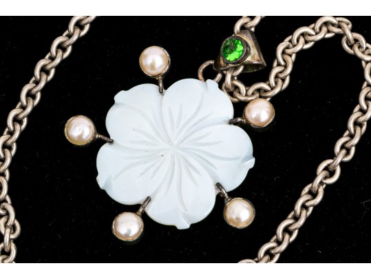 Sterling Silver Lovely Mother-of-pearl Flower Pendant, On Chunky Curb Chain