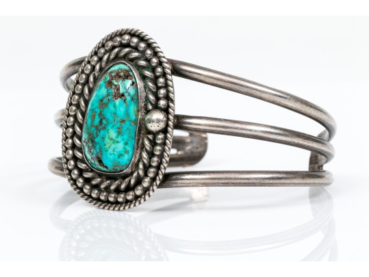 Sterling Silver And Rope Edged Turquoise Southwestern Style Cuff Bracelet