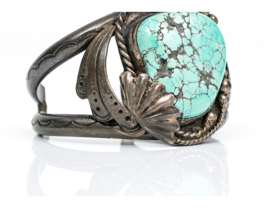 Dee Morris Sterling Rope And Fan Edged Turquoise Southwestern Style Cuff Bracelet