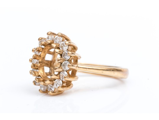 14k Yellow Gold 9x7 Oval Moissanite Halo Semi Mount Ring, Size 6.5