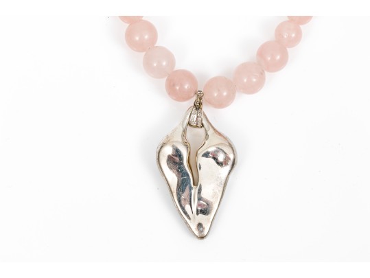 Striking Graduated Pink Rose Quartz Necklace With Brutalist Heart Pendant