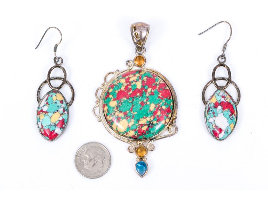 Sterling Silver Striking Multi Color Glass And Composite Pendant And Matching Earrings