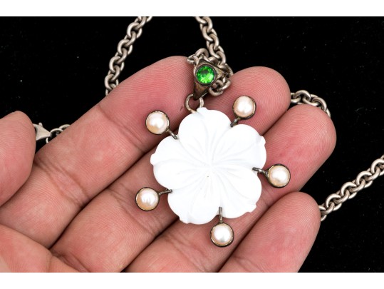 Sterling Silver Lovely Mother-of-pearl Flower Pendant, On Chunky Curb Chain