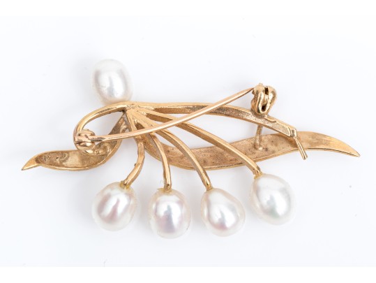14k Yellow Gold Striking Cultured Freshwater Pearl Leaf And Spray Motif Brooch