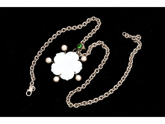 Sterling Silver Lovely Mother-of-pearl Flower Pendant, On Chunky Curb Chain