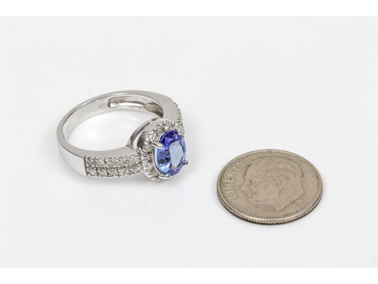 14k White Gold Lovely Oval Tanzanite And Diamond Halo Ring, Size 7