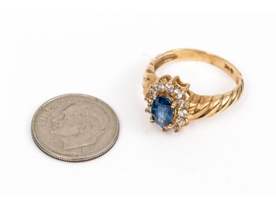 10k Gold Lovely Oval Blue Sapphire And White Sapphire Ribbed Halo Ring, Size 7+