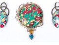 Sterling Silver Striking Multi Color Glass And Composite Pendant And Matching Earrings