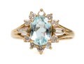 14k Yellow Gold Lovely Oval Aquamarine And Diamond Halo Ring, Size 6.75