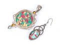Sterling Silver Striking Multi Color Glass And Composite Pendant And Matching Earrings