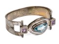 Sterling Spectacular Chunky Contemporary Free Form Blue Topaz And Amethyst Bangle Bracelet