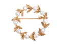 14k Yellow Gold Pretty Vintage 3.5 Mm Cultured Pearl And Leaf Motif Circle Brooch