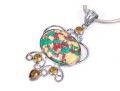 Sterling Silver Striking Multi Color Glass And Composite Pendant, On Chunky Snake Chain