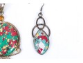 Sterling Silver Striking Multi Color Glass And Composite Pendant And Matching Earrings