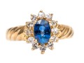 10k Gold Lovely Oval Blue Sapphire And White Sapphire Ribbed Halo Ring, Size 7+