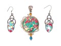 Sterling Silver Striking Multi Color Glass And Composite Pendant And Matching Earrings