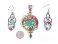 Sterling Silver Striking Multi Color Glass And Composite Pendant And Matching Earrings