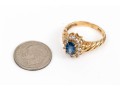 10k Gold Lovely Oval Blue Sapphire And White Sapphire Ribbed Halo Ring, Size 7+