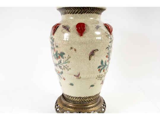 Vintage Chinese Crackle Glaze Brass-Mounted Jar Lamp