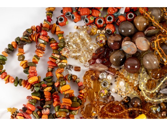 Large Lot Of Orange Brown Tone Beads & Necklaces, Etc