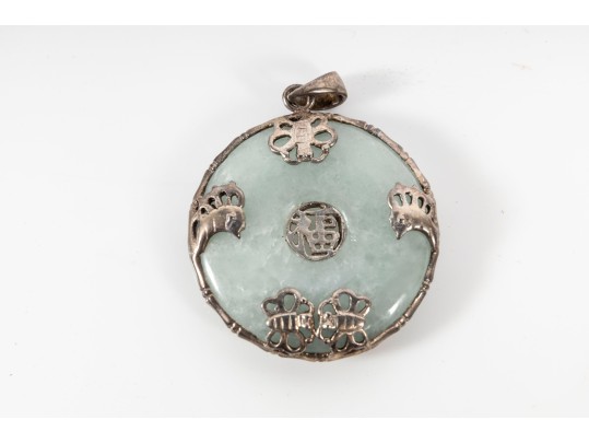 Sterling Silver Chinese Fortune Jade Disc Pendant And Earrings