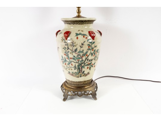 Vintage Chinese Crackle Glaze Brass-Mounted Jar Lamp