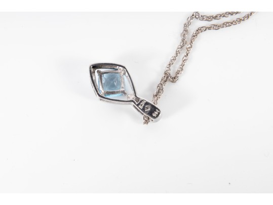 14K White Gold Blue Topaz And Diamond Pendant Necklace