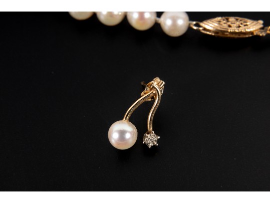 14k Yellow Gold Cultured Pearl Necklace And Earrings With Diamond Accents