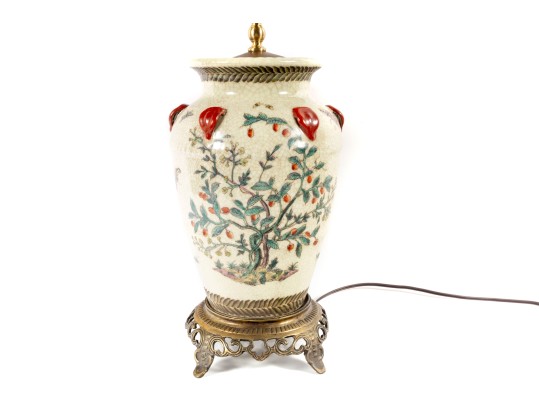 Vintage Chinese Crackle Glaze Brass-Mounted Jar Lamp