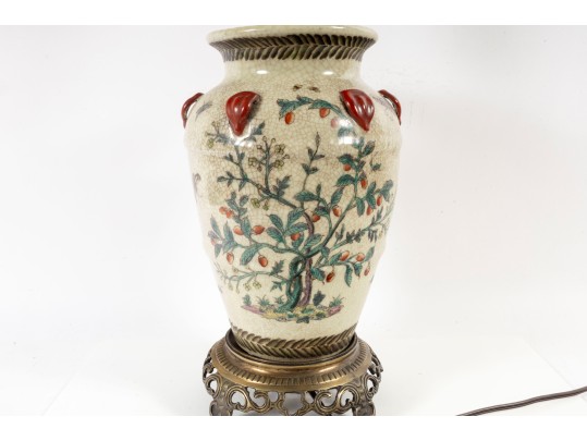 Vintage Chinese Crackle Glaze Brass-Mounted Jar Lamp