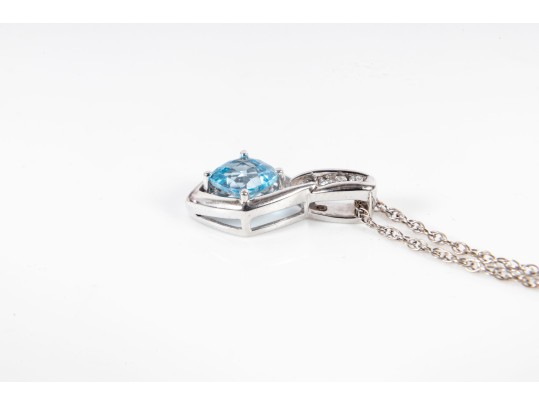 14K White Gold Blue Topaz And Diamond Pendant Necklace