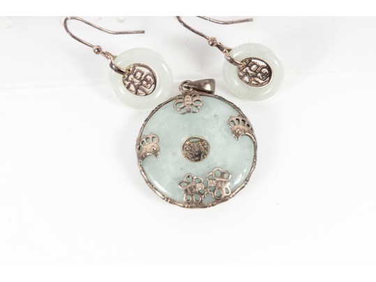 Sterling Silver Chinese Fortune Jade Disc Pendant And Earrings