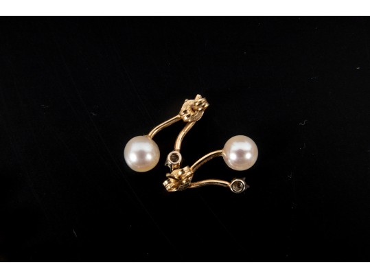 14k Yellow Gold Cultured Pearl Necklace And Earrings With Diamond Accents