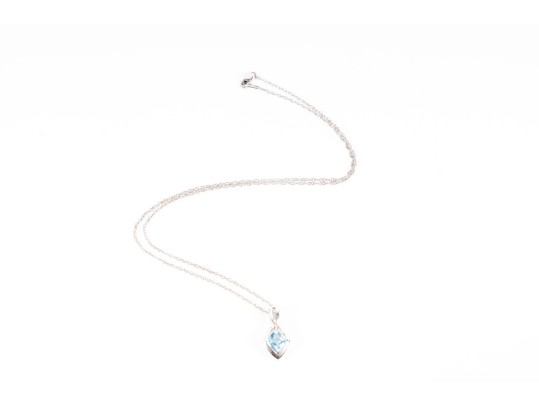 14K White Gold Blue Topaz And Diamond Pendant Necklace