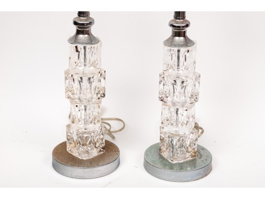 Pair Of MCM Crystal Stacked Cubes Form Table Lights