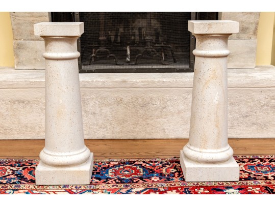 Pair Of Neoclassical Style Carved Limestone Column Form Pedestals