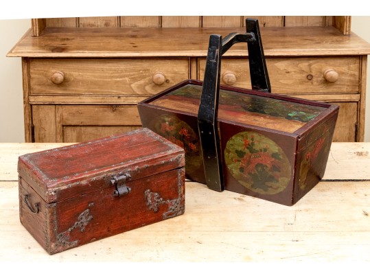 Two Antique Asian Carved And Hand Decorated Vessels