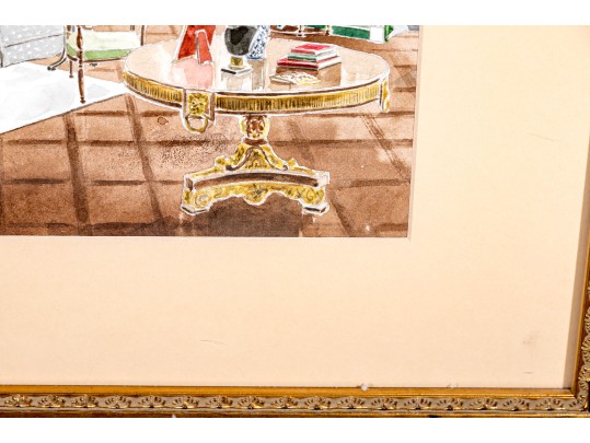 Mixed Media Painting On Paper, Lavish Architectural Interior