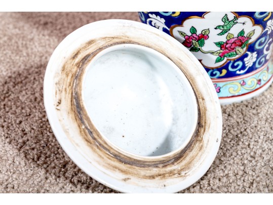 Pair Of Chinese Famille Rose Blue Ground Porcelain Lidded Temple Jars, 20th C. 