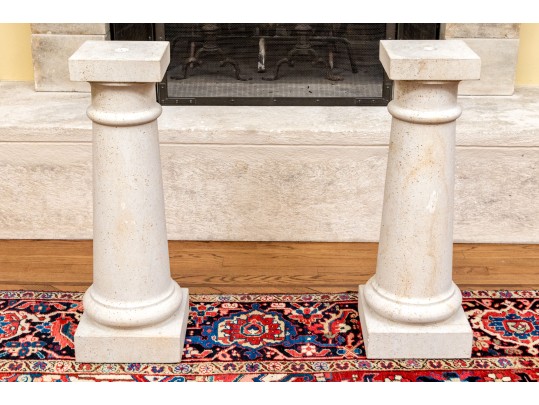 Pair Of Neoclassical Style Carved Limestone Column Form Pedestals