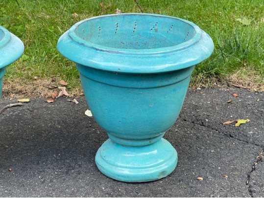 Eye-Catching Pair Of Turquoise Glazed Ceramic Garden Urns