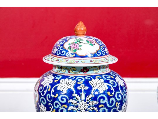 Pair Of Chinese Famille Rose Blue Ground Porcelain Lidded Temple Jars, 20th C. 