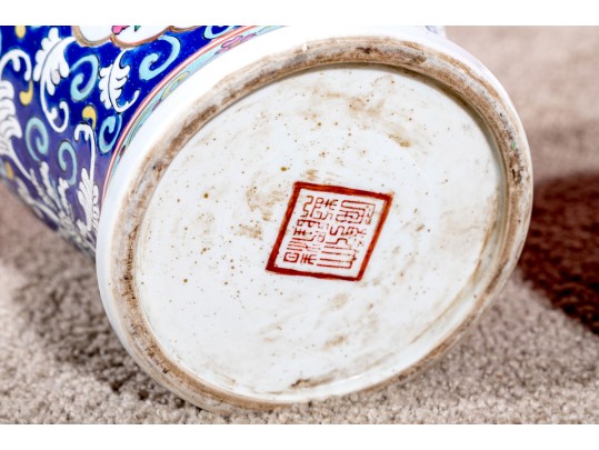 Pair Of Chinese Famille Rose Blue Ground Porcelain Lidded Temple Jars, 20th C. 