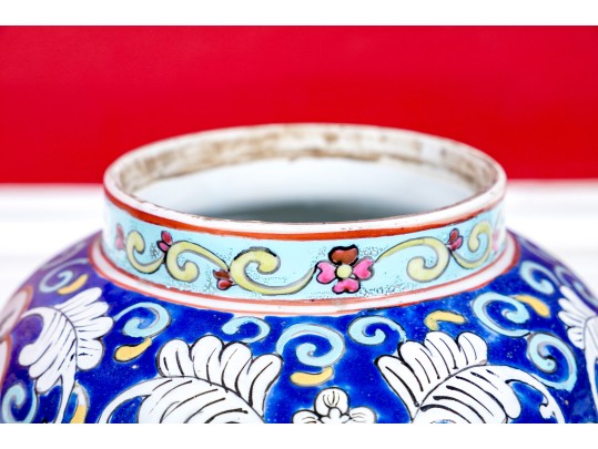 Pair Of Chinese Famille Rose Blue Ground Porcelain Lidded Temple Jars, 20th C. 