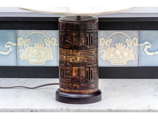 Vintage Chinese Carved Soapstone Cylindrical Table Lamp