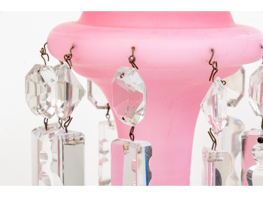 Eye-Catching Antique Pink Milk Glass Lustre Vases With Crystal Drop Pendants