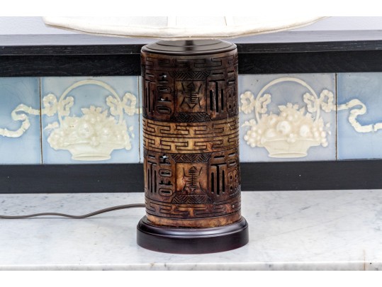 Vintage Chinese Carved Soapstone Cylindrical Table Lamp