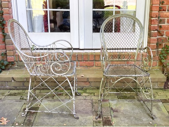 Pair Of Vintage Art Nouveau Style Wrought Iron Garden Arm Chairs (paint Project)